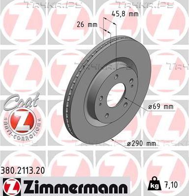 Тормозной диск Zimmermann Coat Z передний для Mitsubishi Grandis 2004-2011. Артикул 380.2113.20