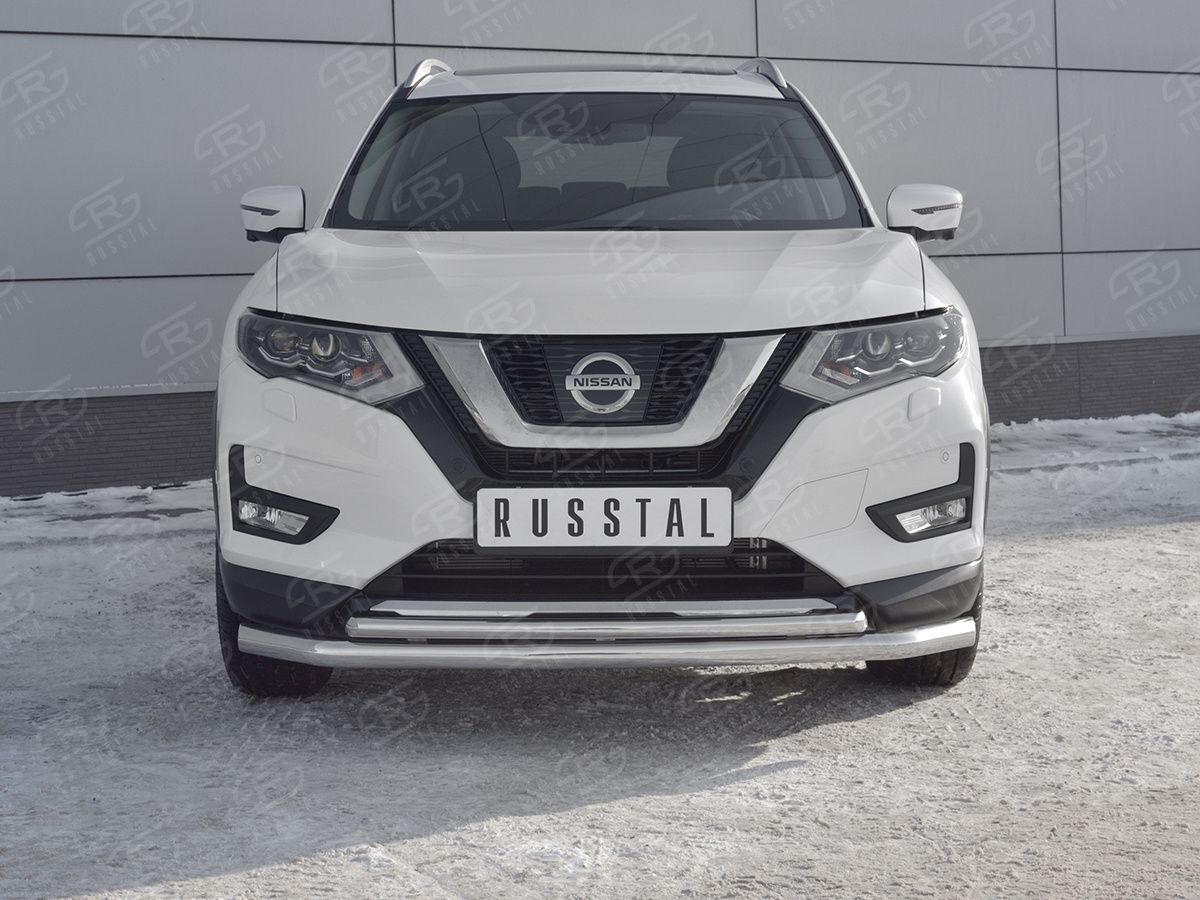 Защита RusStal переднего бампера d63 секции-d42 дуга для Nissan X-Trail T32 рестайлинг 2018-2026. Артикул NXZ-003152