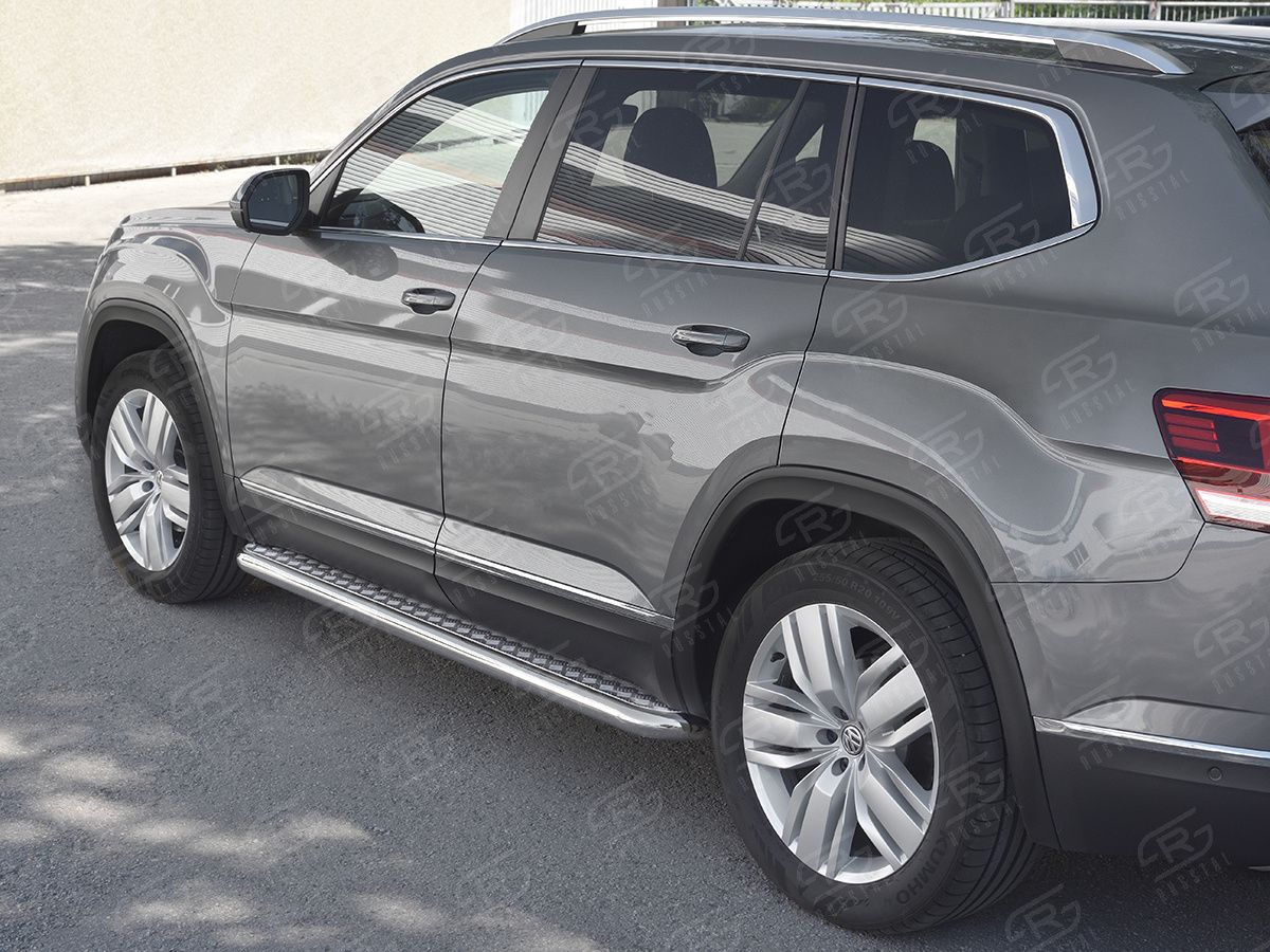 Защита порогов RusStal труба d63 с листом (Лист алюм, проф. нерж) (Вариант 1) для Volkswagen Teramont 2017-2026. Артикул VTML-0029941
