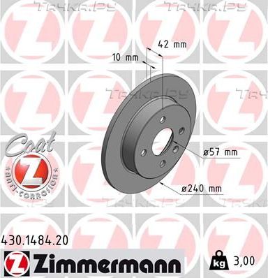 Тормозной диск Zimmermann Coat Z задний для Opel Meriva A 2003-2010. Артикул 430.1484.20