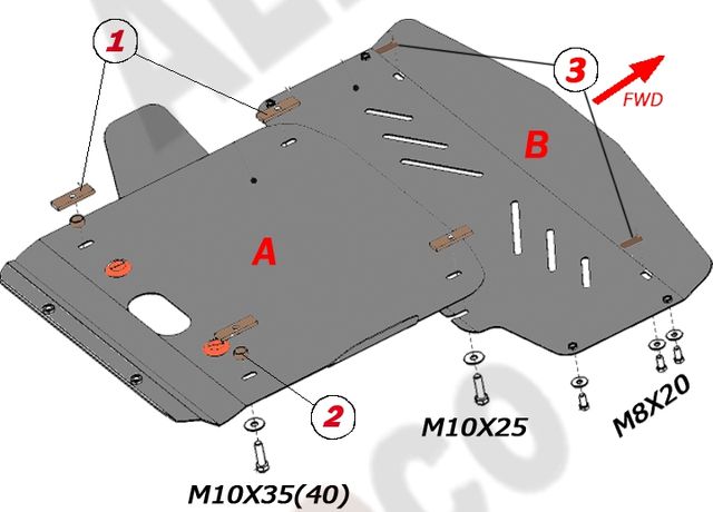 Защита алюминиевая Alfeco для радиатора и картера (2 части) Mercedes-Benz E-Класс W210 (кроме 4WD) 1995-2002. Артикул ALF.36.02al