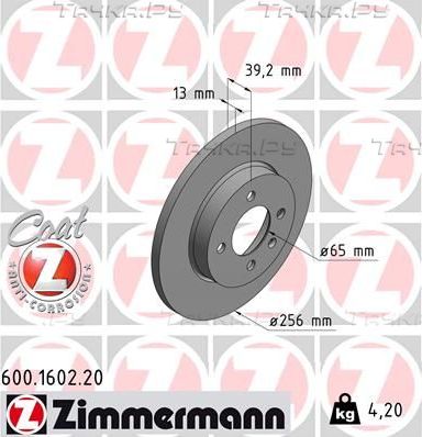 Тормозной диск Zimmermann Coat Z передний для Volkswagen Golf III 1991-1999. Артикул 600.1602.20