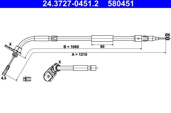 Трос ручника (тросик ручного тормоза) ATE для Mercedes-Benz B-Класс I (W245) 2005-2011. Артикул 24.3727-0451.2