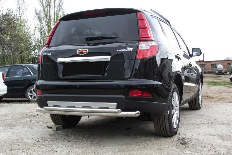 Защита Slitkoff заднего бампера d57+d42 двойная радиусная для Geely Emgrand X7 рестайлинг 2016-2026. Артикул GAFX716013