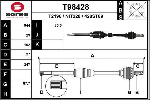 Полуось (привод в сборе, приводной вал) EAI. Артикул T98428
