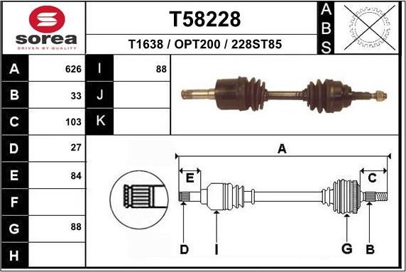 Полуось (привод в сборе, приводной вал) EAI передняя правая для Opel Astra G 2002-2005. Артикул T58228
