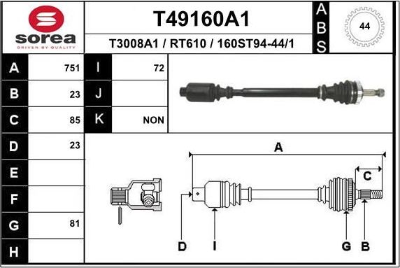 Полуось (привод в сборе, приводной вал) EAI. Артикул T49160A1