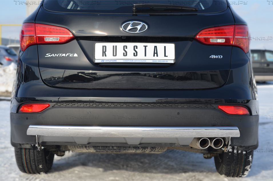Защита RusStal заднего бампера труба 75х42 овал для Hyundai Santa Fe III 2012-2018. Артикул HSFZ-001227