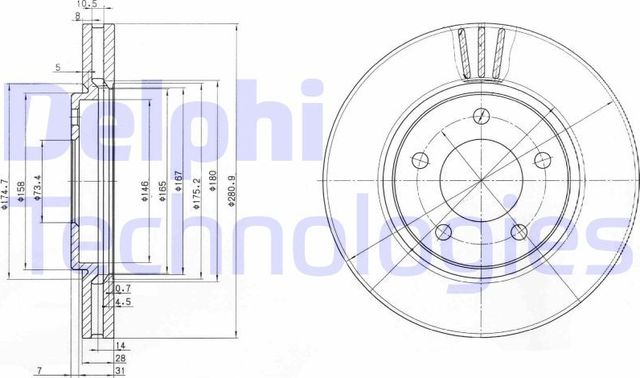 Тормозной диск Delphi передний для Dodge Caravan IV 2000-2007. Артикул BG3715