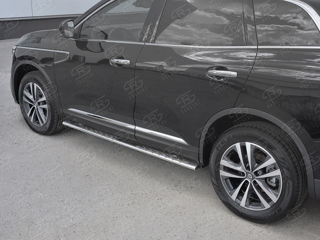 Защита порогов RusStal труба 75х42 овал с проступью для Renault Koleos II 2016-2026. Артикул RKO-002974