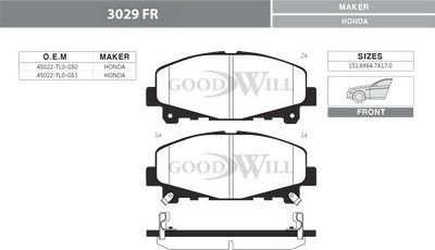 Тормозные колодки GoodWill передние для Honda Accord VIII 2008-2015. Артикул 3029 FR