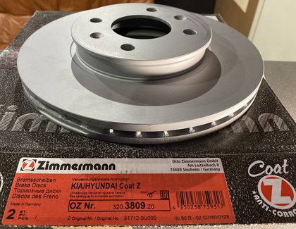 Тормозной диск Zimmermann Coat Z передний для Hyundai Solaris I 2010-2017. Артикул 320.3809.20
