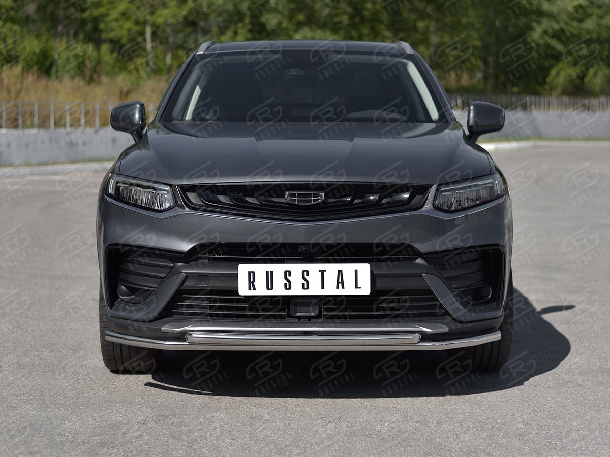 Защита RusStal переднего бампера d42 секции-d42 дуга для Geely Tugella 2020-2026. Артикул GTGZ-003941