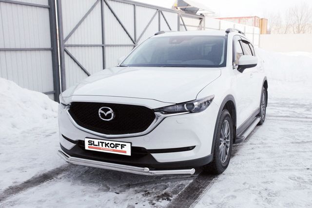 Защита Slitkoff переднего бампера d57+d42 двойная для Mazda CX-5 II 2017-2026. Артикул MZCX175-02