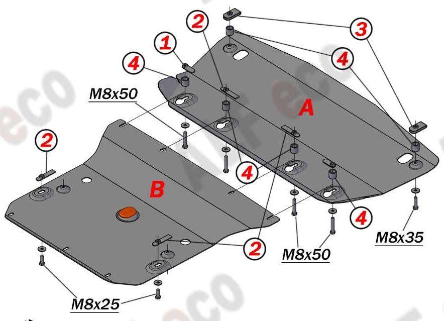 Защита алюминиевая Alfeco для радиатора и картера Mercedes-Benz CLK-Класс W209 до рестайлинга 2002-2005. Артикул ALF.36.17 AL4