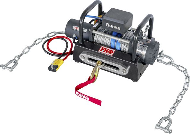 Переносная лебёдка РИФ: 12V Runva 10000 lbs 4500 кг c площадкой на цепях и проводами (синт. трос) РИФ. Артикул EWX10000SR-KIT2