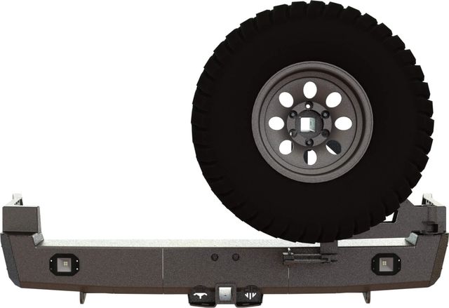 Бампер силовой STC задний для Nissan Patrol Y61 1997-2010 с квадратом под фаркоп, кронштейном крепления запасного колеса справа и фарами заднего хода/ПТФ. Артикул STC-NPY61-BR-C2-L2