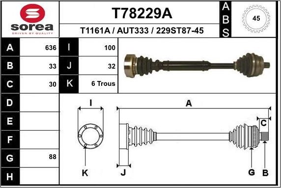 Полуось (привод в сборе, приводной вал) EAI передняя правая для Audi A4 I (B5) 1994-2001. Артикул T78229A