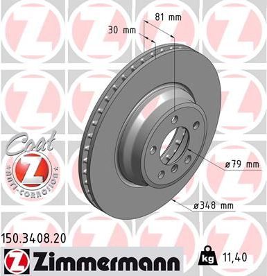 Тормозной диск Zimmermann Coat Z передний для BMW 7 IV (E65/E66) 2001-2008. Артикул 150.3408.20