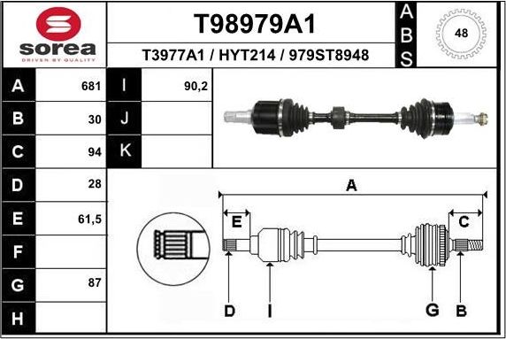 Полуось (привод в сборе, приводной вал) EAI. Артикул T98979A1