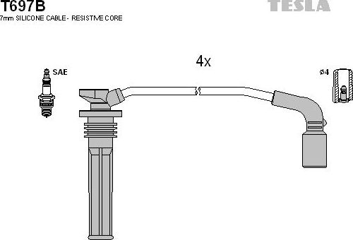 Высоковольтные провода (провода зажигания) (комплект) Tesla для Chevrolet Spark III 2010-2016. Артикул T697B