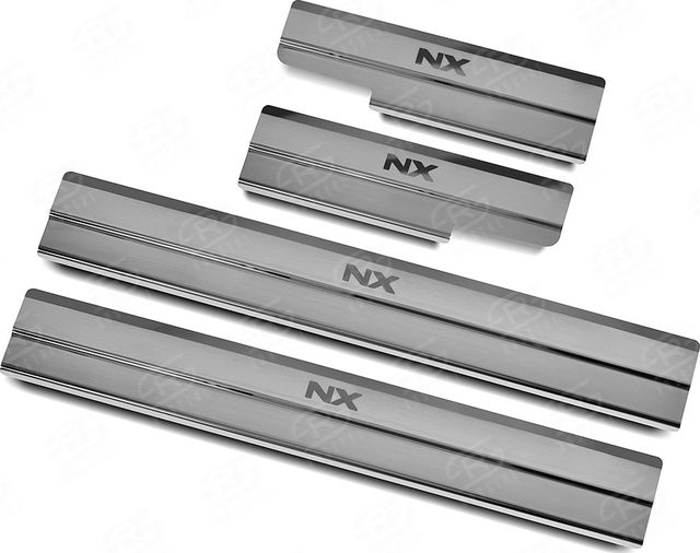 Накладка RusStal на пороги (лист нерж. шлифованный с надписью) для Lexus NX I до рестайлинга 2014-2017 кроме F-Sport. Артикул LEXNX14-03