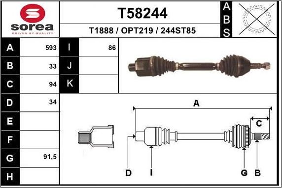 Полуось (привод в сборе, приводной вал) EAI. Артикул T58244