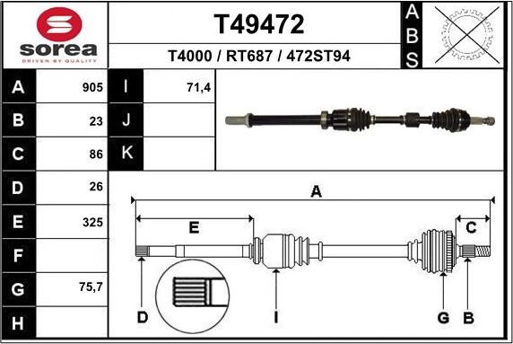 Полуось (привод в сборе, приводной вал) EAI. Артикул T49472
