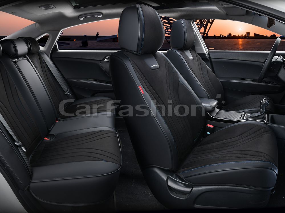 Чехлы универсальные каркасные CarFashion 5D Legion Plus на сидения авто, цвет Черный/Черный/Синий. Артикул 27319