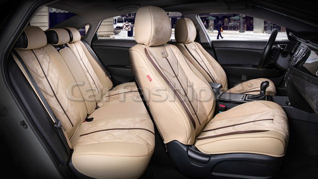 Комплект универсальных каркасных чехлов CarFashion 5D Start Plus на сидения авто, цвет Бежевый/Бежевый/Кофе. Артикул 22133