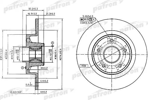 Тормозной диск Patron задний для Renault Laguna II 2001-2007. Артикул PBD7013