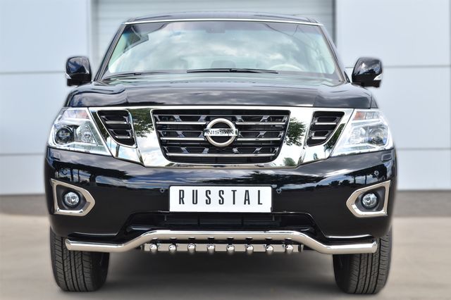Защита RusStal переднего бампера d63 (волна) + d42 (зубы) для Nissan Patrol Y62 2014-2026. Артикул PATZ-001731