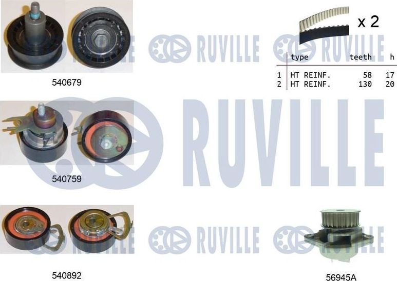 Помпа (водяной насос) с комплектом ремня ГРМ Ruville. Артикул 5503811