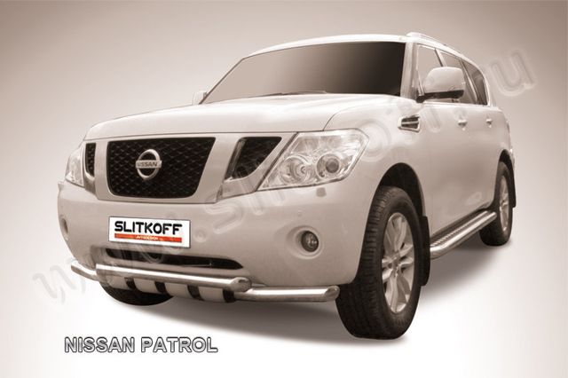 Защита Slitkoff переднего бампера d57/57 двойная с защитой картера для Nissan Patrol Y62 2012-2014. Артикул NIPAT003