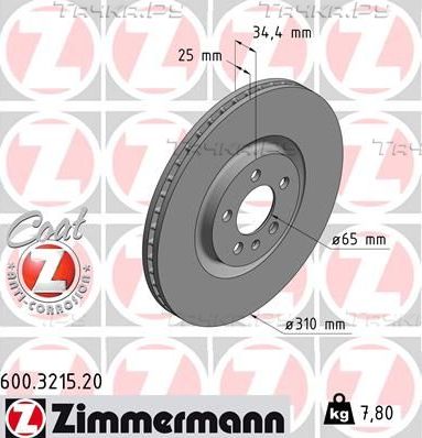 Тормозной диск Zimmermann Coat Z передний для SEAT Ibiza IV 2013-2017. Артикул 600.3215.20