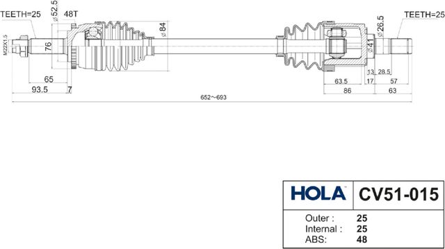 Полуось (привод в сборе, приводной вал) HOLA. Артикул CV51-015