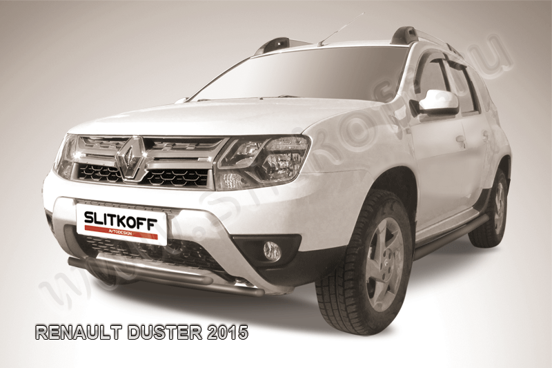 Защита Slitkoff переднего бампера d42+d42 двойная для Renault Duster I рестайлинг 2015-2020 Черная. Артикул RD15004B