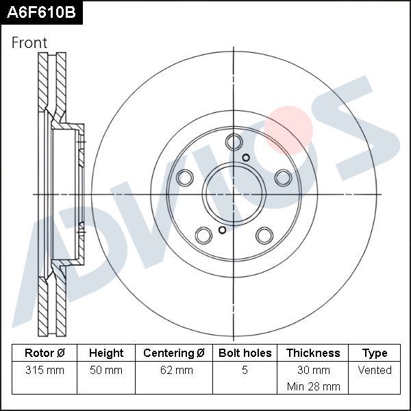 Тормозной диск Advics передний для Lexus LS III 2000-2006. Артикул A6F610B