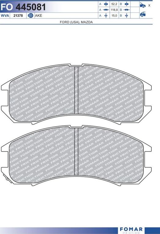 Тормозные колодки Fomar передние для Mazda 626 III (GD) 1987-1992. Артикул FO 445081