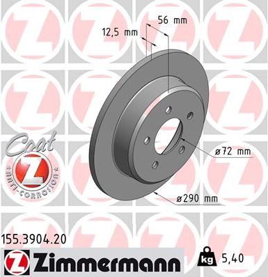 Тормозной диск Zimmermann Coat Z задний для Dodge Caravan IV 2000-2007. Артикул 155.3904.20