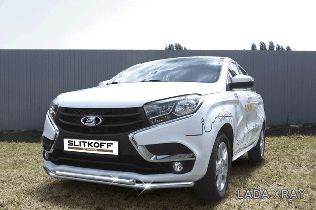 Защита Slitkoff переднего бампера d42 + d42 двойная для Lada Xray 2015-2026. Артикул LadXR005