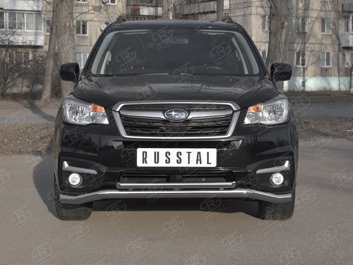 Защита RusStal переднего бампера d63 волна d42 прямая для Subaru Forester IV рестайлинг 2 2016-2018. Артикул SUFZ-003341