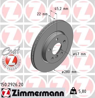 Тормозной диск Zimmermann Coat Z передний для MINI Hatch III (F55/F56) 2013-2026. Артикул 150.2926.20