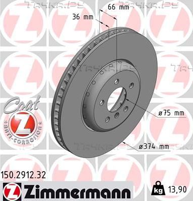 Тормозной диск Zimmermann FORMULA F COAT Z передний левый для BMW 5 VI (F10/F11/F07) 2009-2017. Артикул 150.2912.32