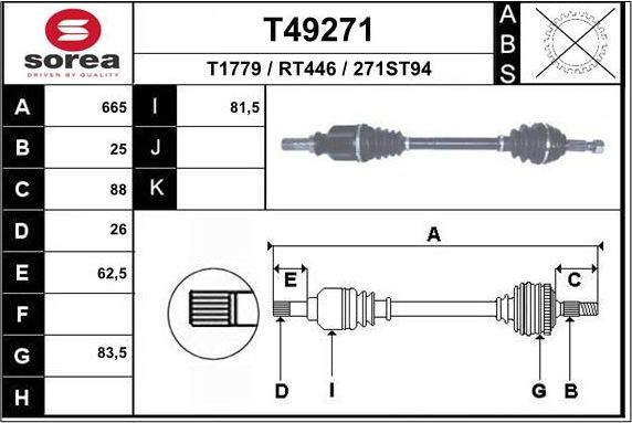 Полуось (привод в сборе, приводной вал) EAI. Артикул T49271