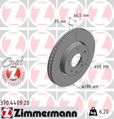 Тормозной диск Zimmermann Coat Z передний для Mazda 3 IV (BP) 2018-2026. Артикул 370.4409.20