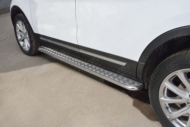 Защита порогов RusStal труба d42 с листом (Лист алюм, проф. нерж) (Вариант 2) для Ford Explorer V 2015-2017. Артикул FEL-0026632