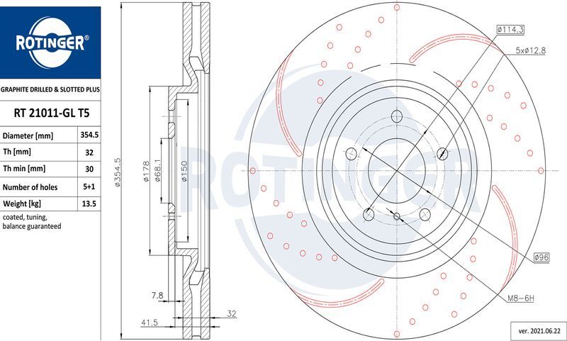 Тормозной диск Rotinger GRAPHITE DRILLED & SLOTTED PLUS. Артикул RT 21011-GL T5
