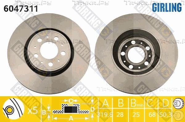 Тормозной диск Girling передний для Volvo XC70 I 2000-2007. Артикул 6047311