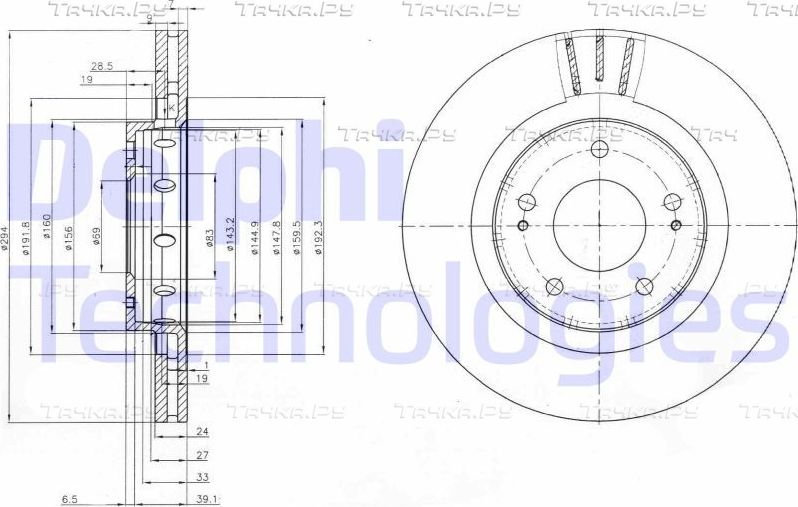 Тормозной диск Delphi передний для Mitsubishi Airtrek 2002-2007. Артикул BG4038C